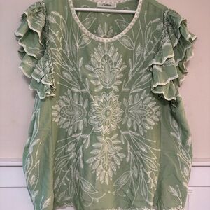 Size 2X - Solitaire Sage Green Blouse with White Embroidery